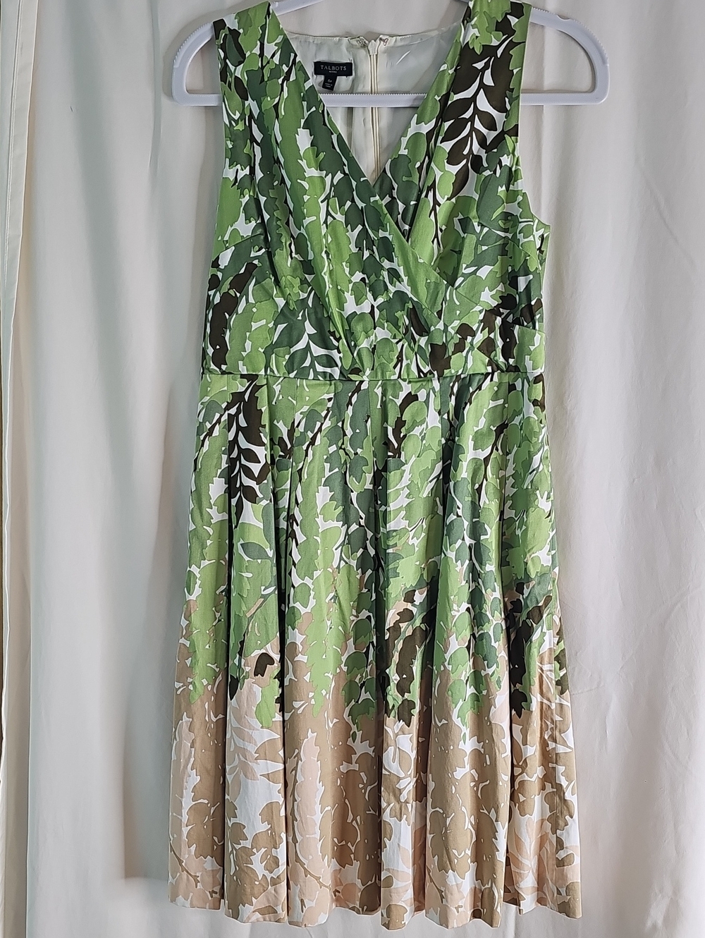 Talbots Green White Brown Leaf-Print Sleeveless Fit-and-Flare Dress